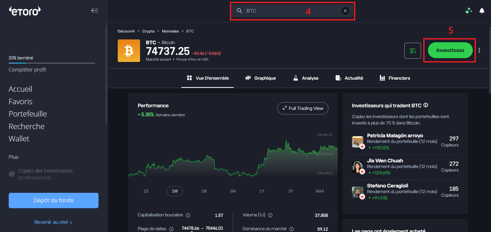 Recherche du BTC sur eToro