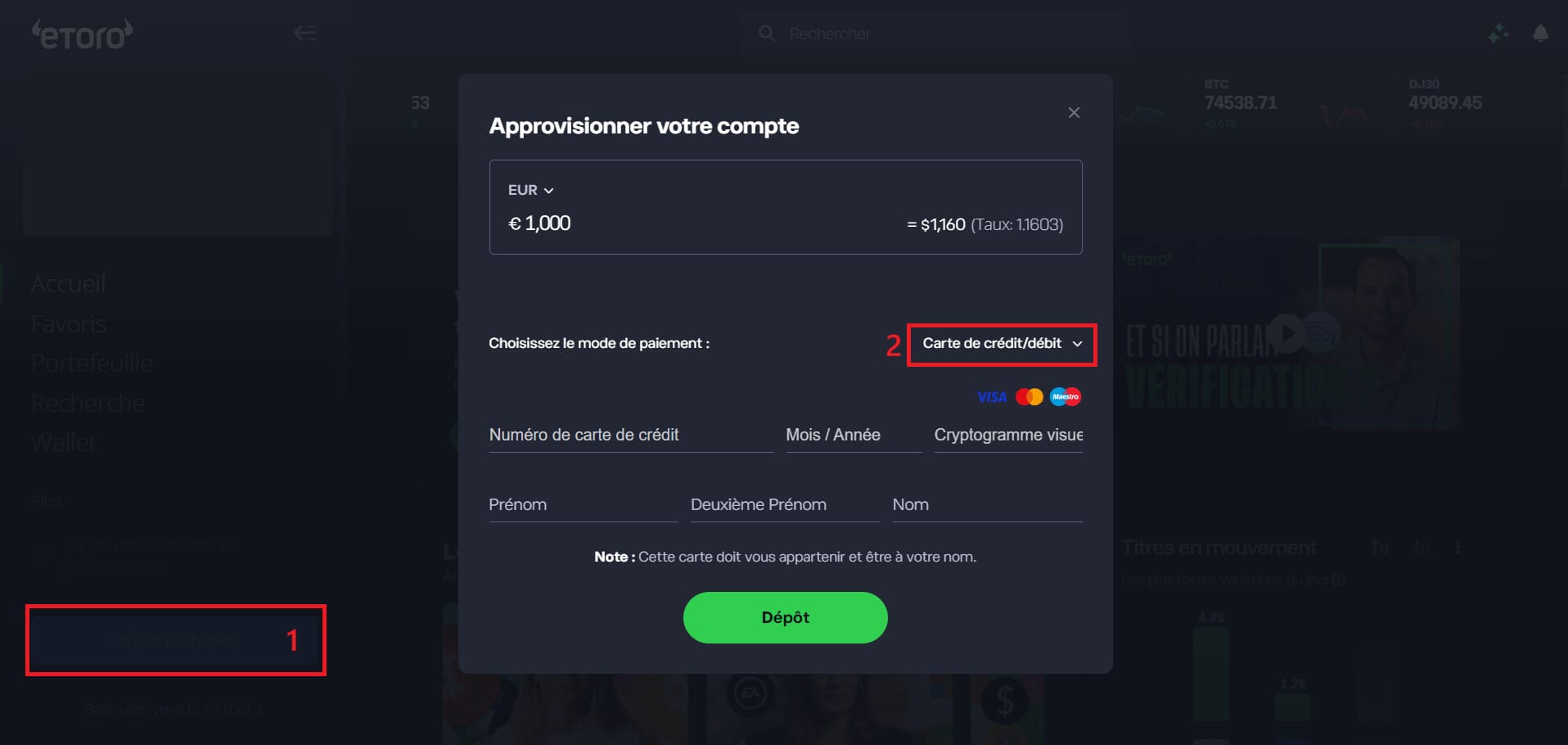 Dépôt d'argent par carte bancaire sur eToro