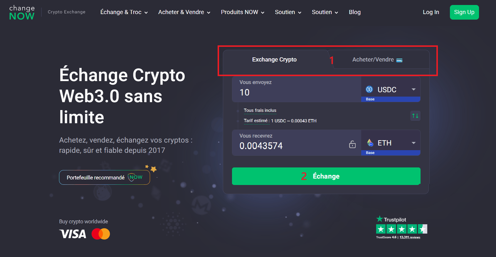 Sur ChangeNOW un swap s'effectue en quelques clics.