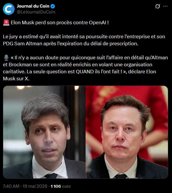 Le dénouement judiciaire de l'affrontement entre Elon Musk et OpenAI marque un moment de clarification pour le secteur de l'intelligence artificielle. Un jury californien a rejeté l'ensemble des plaintes déposées par l'homme d'affaires, qui réclamait 150 milliards de dollars à l'entreprise qu'il a cofondée, ainsi qu'à ses dirigeants Sam Altman et Greg Brockman. Les jurés ont estimé que les délais légaux pour contester la transition commerciale de l'organisation et l'implication de Microsoft étaient dépassés. Cette issue permet à OpenAI de clore une procédure complexe alors que la concurrence technologique mondiale s'intensifie de manière notable.