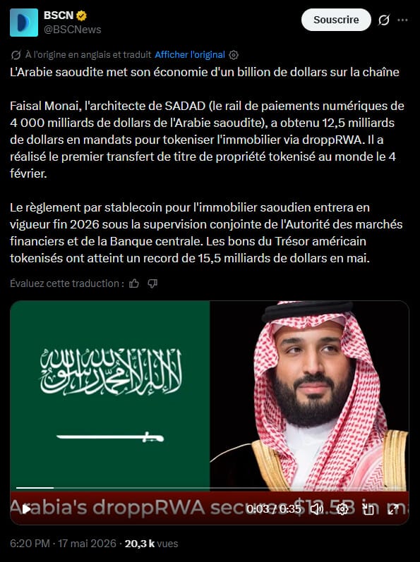 L'Arabie saoudite intensifie ses efforts pour moderniser son infrastructure financière à travers un projet de tokenisation des actifs réels (RWA) d'un montant de 12,5 milliards de dollars. Faisal Monai, ingénieur à l'origine du système national de paiement numérique SADAD en 2004, dirige cette initiative via la plateforme droppRWA. L'objectif consiste à transformer des actifs physiques, à commencer par l'immobilier, en titres numériques négociables sur la blockchain. Les projections saoudiennes prévoient l'établissement d'un système financier tokenisé de niveau souverain d'ici 2030, capable de servir de modèle aux autres pays du G20. Le déploiement des premiers mécanismes de règlement basés sur des stablecoins pour le secteur immobilier est attendu pour la fin de l'année 2026.