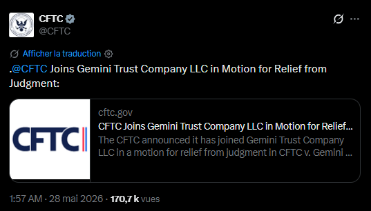 La Commodity Futures Trading Commission (CFTC) et Gemini Trust Co. ont conjointement demandé à un tribunal fédéral d'annuler le règlement de janvier 2025 qui obligeait Gemini, l'exchange des frères Winklevoss, à verser 5 millions de dollars pour solder un litige vieux de trois ans. Une demande d'annulation conjointe qui interroge sur la solidité des poursuites passées de l'agence et redessine, en creux, les contours de la régulation crypto américaine.