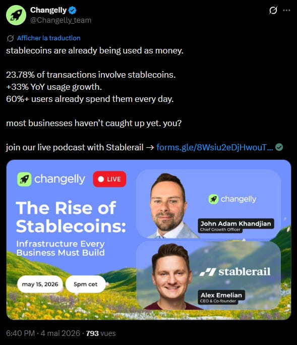 L'effacement des frontières entre les actifs numériques et les circuits monétaires usuels devient une réalité avec la normalisation des stablecoins dans la consommation courante. Selon un rapport publié le 6 mai dernier par Changelly, en collaboration avec Simple, ces jetons ne servent plus uniquement de refuge pour les traders, mais s'intègrent désormais dans la gestion de la liquidité et les règlements de proximité. Avec une offre globale dépassant les 300 milliards de dollars en 2025 et un volume de transactions on-chain avoisinant les 46 000 milliards de dollars, les stablecoins s'imposent comme un outil financier résolument actif. Cette dynamique reflète une recherche de stabilité et de praticité de la part des utilisateurs, qui privilégient de plus en plus ces supports pour leurs opérations quotidiennes. Détails à suivre. 