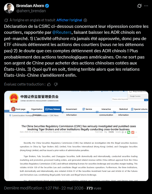 La Commission de réglementation des valeurs mobilières de Chine (CSRC) vient d'annoncer des sanctions rigoureuses à l'encontre de plusieurs courtiers financiers basés à l'étranger. Les plateformes Tiger Brokers, Futu Securities et Longbridge Securities font face à des accusations d'activités transfrontalières illégales en Chine continentale. Les autorités leur reprochent d'avoir proposé des services de courtage d'actions et de gestion de fonds sans posséder les licences nationales requises. Cette intervention marque une intensification importante des contrôles par rapport aux simples avertissements diffusés par le régulateur les années précédentes. L'objectif de cette réglementation réside principalement dans la volonté du gouvernement de Pékin de surveiller étroitement les flux de capitaux sortants. En encadrant l'accès aux marchés financiers internationaux, les institutions étatiques s'efforcent de maintenir la stabilité financière interne et d'orienter l'épargne vers l'économie nationale.