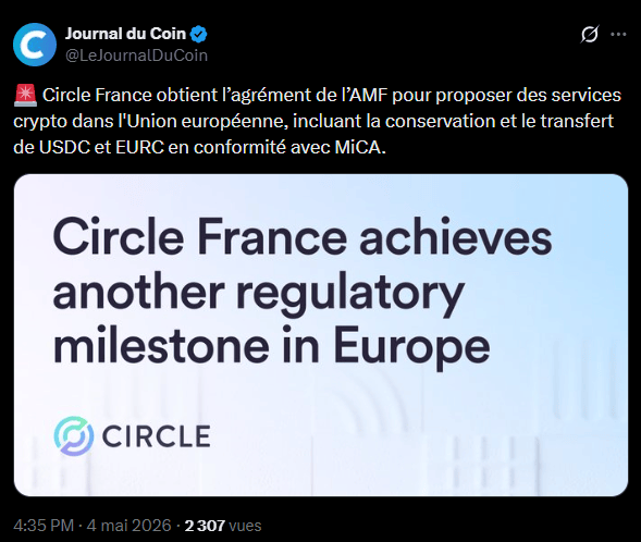 La société Circle vient de recevoir l'approbation de l'Autorité des marchés financiers (AMF), en France, et cela fait de l'entreprise le plus grand émetteur de jetons de monnaie électronique sous réglementation européenne. Cette autorisation permet à l'établissement de proposer des prestations de conservation et de transfert pour ses stablecoins USDC et EURC et l'accès à ces services est maintenant étendu à l'ensemble de l'Espace économique européen. 