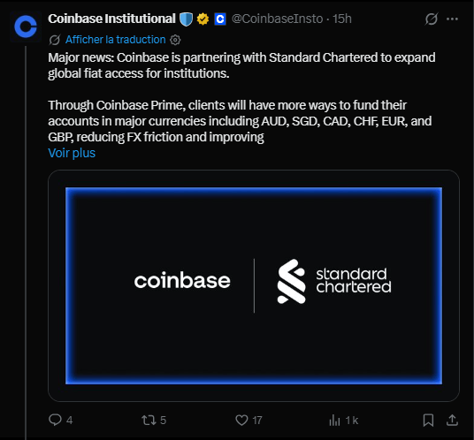 Le courtier américain Coinbase reste un acteur incontournable du marché des cryptomonnaies, même si son implantation européenne progresse plus lentement qu'outre-Atlantique. Pour conserver son avance, il vient d'officialiser un partenariat avec la banque britannique Standard Chartered, avec un objectif clair : séduire les investisseurs institutionnels via une offre de financement multidevises. 