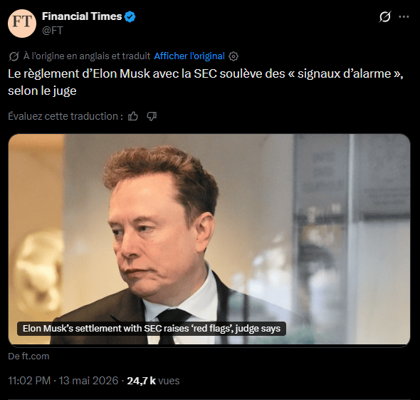Elon Musk pensait en avoir fini avec la Securities and Exchange Commission (SEC) au sujet de son rachat surprise d'actions Twitter. C'était sans compter sur le juge fédéral chargé de valider ce règlement à l'amiable, qui le qualifie sobrement d'« inquiétant ». Musk rattrapé par la patrouille ? Voyons ce qu'on lui reproche. 