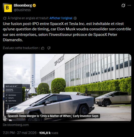 Selon les dernières informations relayées par CNBC, Elon Musk réfléchierait à une fusion entre Tesla et SpaceX. Si l'opération aboutissait, le nouvel ensemble disposerait d'une trésorerie cumulée de plus de 30 000 BTC, propulsant l'homme d'affaires parmi les plus gros détenteurs corporate de la planète. On en est pas là, mais l'idée agite Wall Street ces dernières heures. 