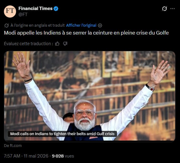 Le 10 mai dernier, lors d’un rassemblement politique à Hyderabad, le Premier ministre indien Narendra Modi a exhorté la population à adopter des mesures de sobriété rigoureuses. Cette intervention survient alors que les tensions militaires entre l’Iran, les États-Unis et Israël perturbent le détroit d’Ormuz depuis plus de deux mois, provoquant une hausse rapide du baril de pétrole brut aux alentours de 126 dollars il y a quelques jours. Pour une économie qui importe environ 90 % de ses besoins en hydrocarbures, cette situation exerce une pression notable sur les réserves de change. L'exécutif compare désormais la sévérité de la crise actuelle à la période de la pandémie de Covid-19, soulignant la nécessité de protéger la balance des paiements face au renchérissement des importations de gaz, d’engrais et d’huiles comestibles.