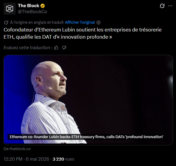 Lors de la conférence Consensus 2026, Joseph Lubin, PDG de Consensys, a exprimé son soutien aux entreprises de trésorerie Ethereum. Il a qualifié le modèle de trésorerie d’actifs numériques de « profonde innovation » et a mentionné des entreprises comme Strategy, SharpLink et BitMine comme étant des acteurs clés de l’écosystème.