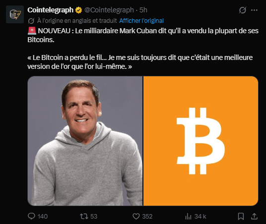 Le milliardaire Mark Cuban a annoncé avoir liquidé la majeure partie de ses bitcoins, faute d'avoir vu l'actif jouer son rôle de couverture face à l'affaiblissement des monnaies fiduciaires et aux secousses géopolitiques. L'investisseur estime que le comportement du cours pendant le récent affrontement entre les États-Unis et l'Iran a invalidé l'un des arguments centraux qui l'avaient convaincu d'entrer sur la cryptomonnaie. Retour sur ses déclarations  propos du Bitcoin.