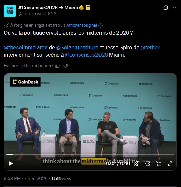 Les élections de mi-mandat de novembre 2026 pourraient provoquer un « impact sismique » sur l'industrie crypto américaine, prévient Jesse Spiro, responsable des affaires gouvernementales chez Tether. Invité d'une table ronde au Consensus Miami 2026, le dirigeant a rappelé que, malgré les avancées législatives de l'année écoulée, le scrutin reste un test grandeur nature pour la suite de la politique crypto fédérale. Et rien n'est joué. 