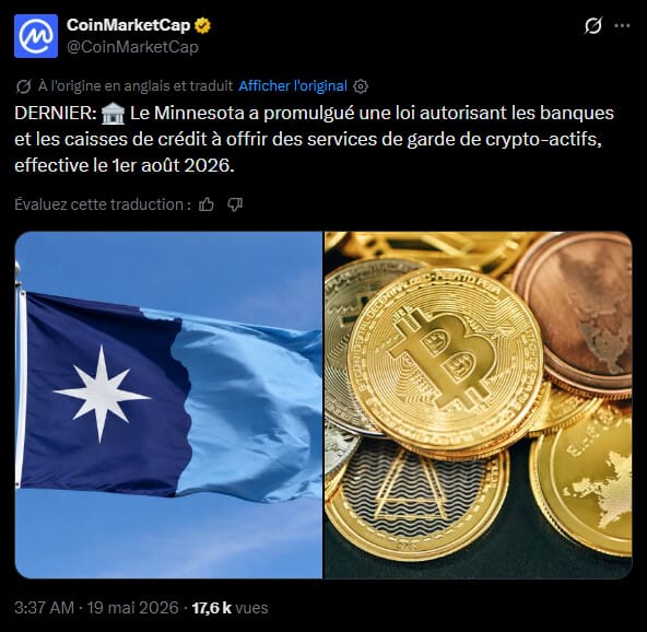 Le gouvernement du Minnesota a modifié son cadre réglementaire afin d'encadrer l'activité des institutions financières locales. Le gouverneur Tim Walz a signé la loi HF 3709, autorisant les banques et les coopératives de crédit de l'État à proposer des services de conservation de crypto à partir du 1ᵉʳ août. Cette décision législative vise à encadrer une demande existante tout en limitant le recours à des prestataires non régulés ou situés hors des juridictions nationales. En permettant aux institutions financières basées dans le Minnesota de répondre aux besoins de leurs clients, les autorités cherchent à stabiliser l'offre de services financiers sur leur territoire.