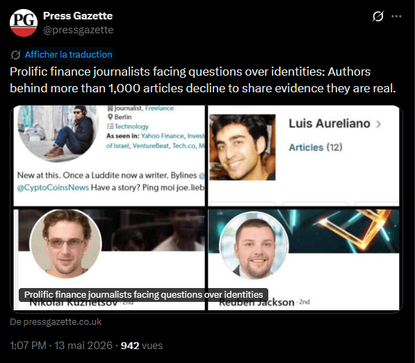 Une enquête récente publiée par le média Press Gazette met en lumière l’existence possible d’un réseau coordonné de diffusion de contenus crypto promotionnels au sein de plusieurs publications financières d’envergure. Quatre contributeurs enregistrés sous les noms de Nikolai Kuznetsov, Reuben Jackson, Luis Aureliano et Joe Liebkind ont ainsi publié plus de 1 000 articles dans une trentaine de médias reconnus, parmi lesquels Forbes, HuffPost ou VentureBeat. Selon l’enquête, ces profils disposent d’un historique professionnel très limité en ligne et utilisent, dans certains cas, des photographies de profil générées par intelligence artificielle ou réutilisées depuis des banques d’images publiques. Interrogées par Press Gazette, les rédactions concernées n’ont pas été en mesure de confirmer formellement l’identité réelle de ces contributeurs indépendants. Voici ce que l'on sait de cette drôle d'affaire. 