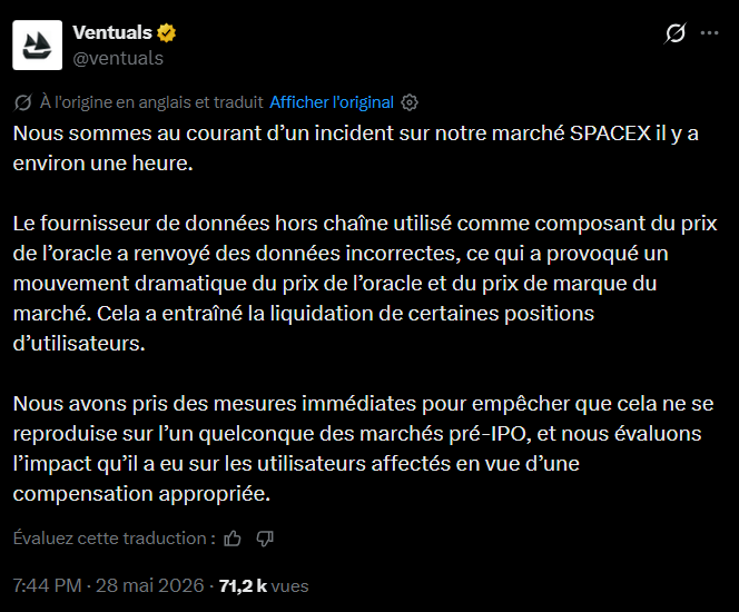 Sur Hyperliquid, le contrat à terme SPACEX-USDH a vu son prix s'effondrer de 45 % en moins d'une heure, le 28 mai. Derrière cet effondrement, ni mouvement de marché ni vague de ventes panique, mais une erreur de données fournies par un oracle. Bilan : 1,51 million de dollars partis en fumée et 405 traders liquidés. Explications. 