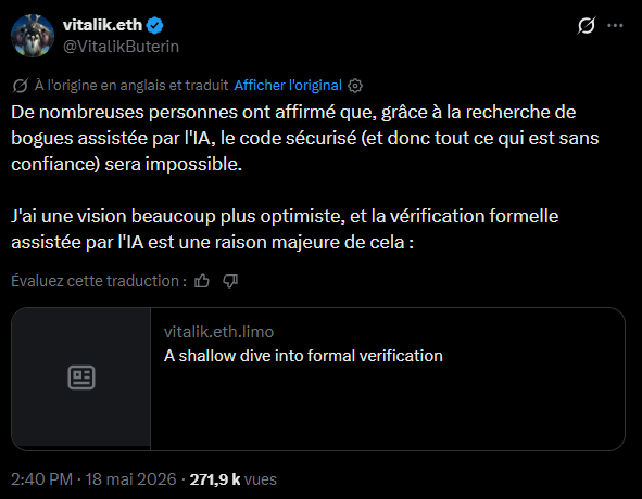 L’adoption des méthodes de vérification formelle suscite un intérêt croissant parmi les chercheurs d’Ethereum et les spécialistes de la cybersécurité. Dans une analyse récente, son cofondateur Vitalik Buterin explique comment ces techniques mathématiques pourraient renforcer la sécurité des infrastructures crypto face à la montée des cyberattaques assistées par intelligence artificielle. Cette approche consiste à démontrer mathématiquement qu’un programme se comporte exactement comme prévu, notamment grâce à des outils de preuve comme Lean. Selon lui, les progrès récents de l’IA rendent désormais ces méthodes beaucoup plus accessibles et pratiques pour le développement logiciel moderne. Explications.