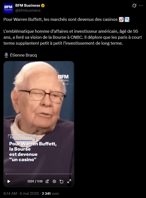  Warren Buffett ne mâche pas ses mots. Dans un entretien accordé à CNBC, le patron de Berkshire Hathaway tire la sonnette d'alarme : options journalières, meme stocks, Bitcoin, les marchés financiers dérivent vers la spéculation pure, au détriment de l'investissement de long terme. À 94 ans, l'Oracle d'Omaha n'a rien perdu de sa lucidité. 