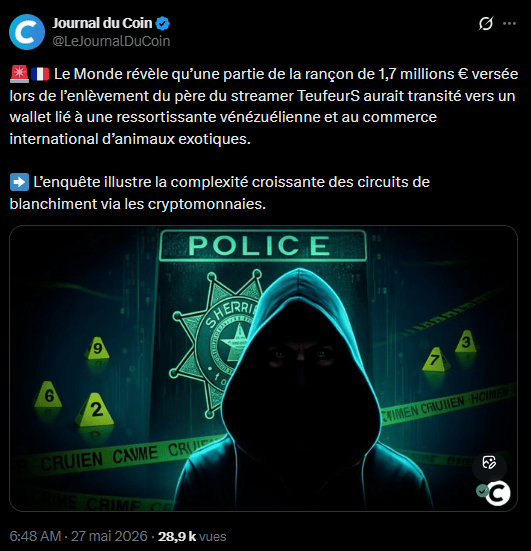 L'ordonnance de mise en accusation pénale visant sept personnes pour association de malfaiteurs, extorsion et séquestration en bande organisée met en lumière les ramifications transnationales du blanchiment de capitaux. Ce dossier, initié après l'enlèvement du père de l'influenceur « TeufeurS » en août 2023, révèle des flux financiers complexes reliant la France, le Venezuela et l'Inde. Les investigations publiées par Le Monde illustrent la capacité de réseaux criminels à utiliser des portefeuilles crypto pour masquer le produit d'une rançon de 1,7 million d'euros.
