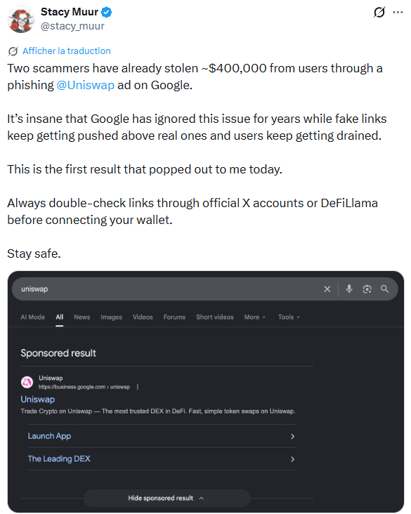 400 000 $ de cryptos déjà volés par faux site Uniswap alimenté par des pubs Google vérolés.