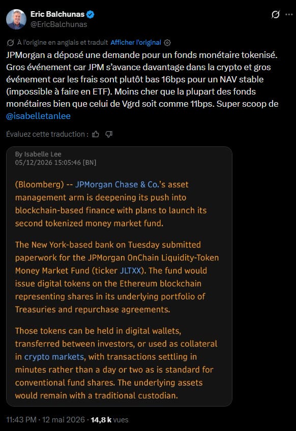  JPMorgan vient de déposer un dossier auprès de la SEC pour lancer un fonds monétaire tokenisé sur Ethereum. Une initiative qui rejoint celles de Morgan Stanley et Franklin Templeton, alors que la tokenisation des actifs traditionnels s'impose comme l'un des chantiers prioritaires de la finance américaine.