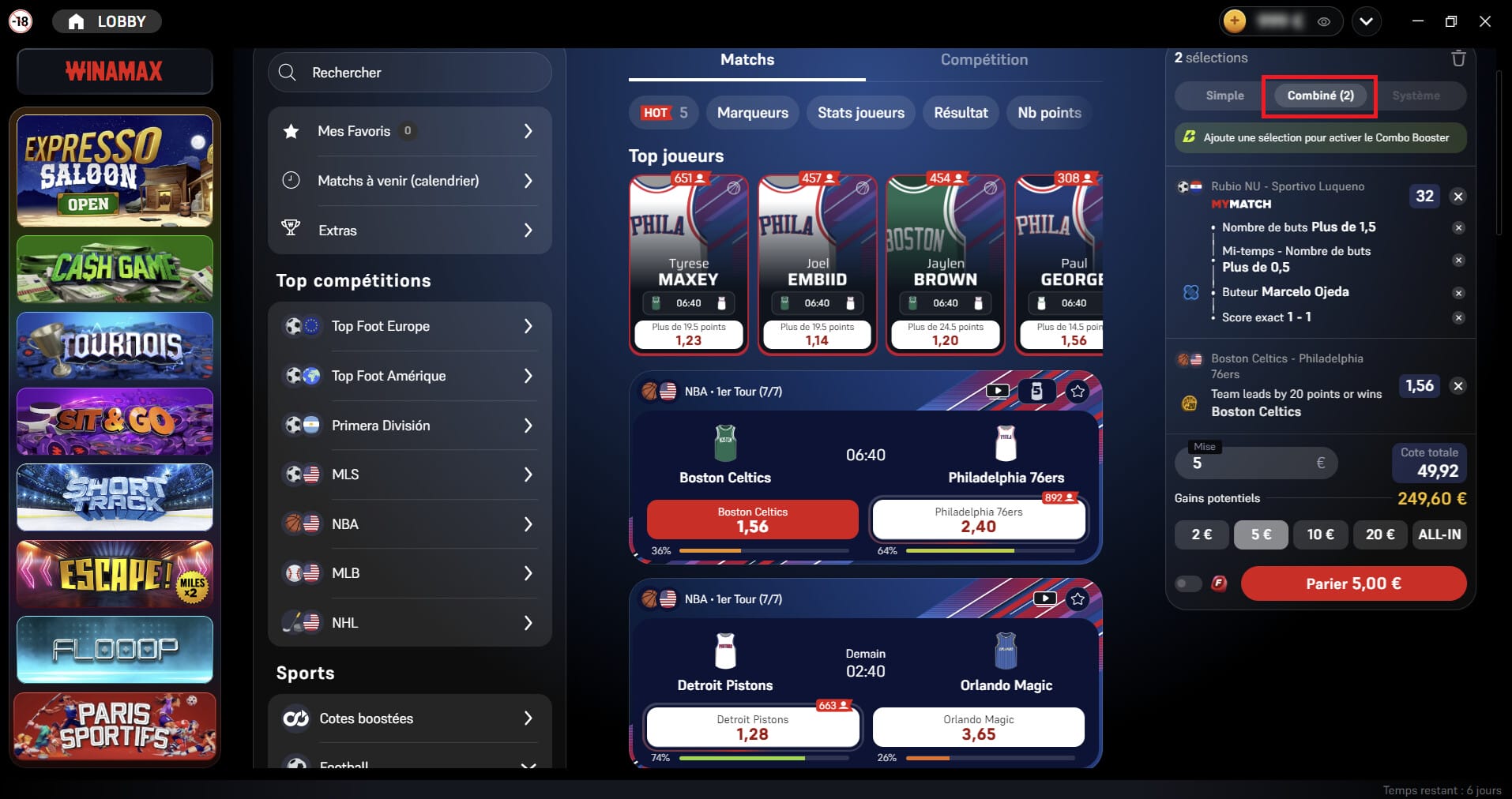 Pari combiné sur Winamax