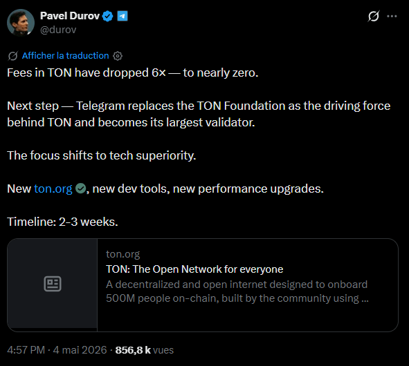 L'écosystème associé à la messagerie Telegram connaît un mouvement notable sur les marchés des actifs numériques, avec des hausses importantes pour plusieurs tokens. Cette dynamique fait suite aux déclarations du fondateur de l'entreprise, Pavel Durov, concernant un changement de gouvernance majeur pour la blockchain TON. L'implication directe de la messagerie dans la sécurité et l'orientation du réseau modifie les perspectives de développement du projet.