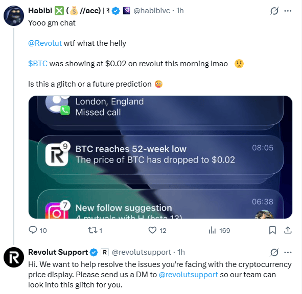 Le prix de Bitcoin apparaît brièvement à 0,02 dollar sur Revolut.