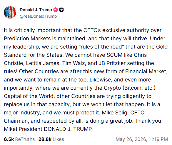 Le président Donald Trump soutient la CFTC, les marchés prédictifs et le secteur crypto face aux États démocrates.