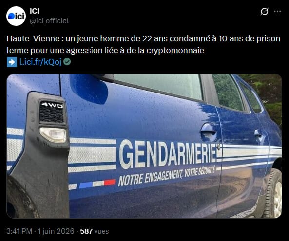 Le tribunal judiciaire de Limoges a rendu vendredi 29 mai un verdict plutôt sévère à l'encontre d'un jeune homme de 22 ans impliqué dans une agression à domicile survenue à Saint-Paul. Les faits remontent au 27 mars, lorsqu'une victime a subi une attaque à l'aube devant son domicile par deux individus cagoulés et munis d'une arme de poing. L'enquête menée par la brigade de recherches de la gendarmerie de Limoges a établi que cette action était minutieusement planifiée et visait spécifiquement l'extorsion de cryptomonnaies. Le prévenu a écopé d'une peine de 10 ans de prison ferme, soit la sanction maximale prévue par la loi pour ces faits de violence aggravée.