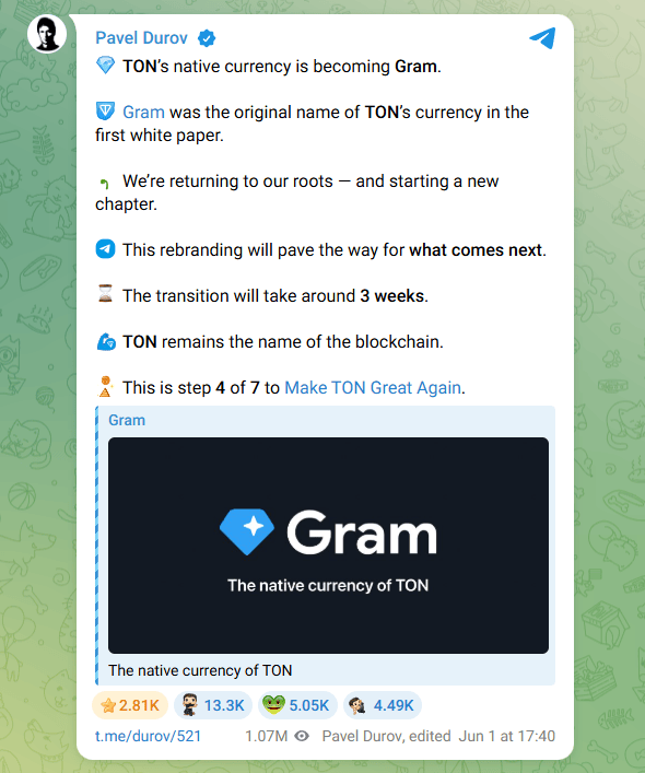 Pavel Durov annonce le rebranding du TON en GRAM pour The Open Network.